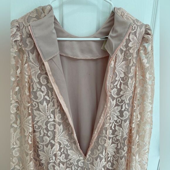 Le Art Vintage Pink Champagne Lace Layered Long Sleeve Dress Women’s Size 10 - Picture 4 of 10